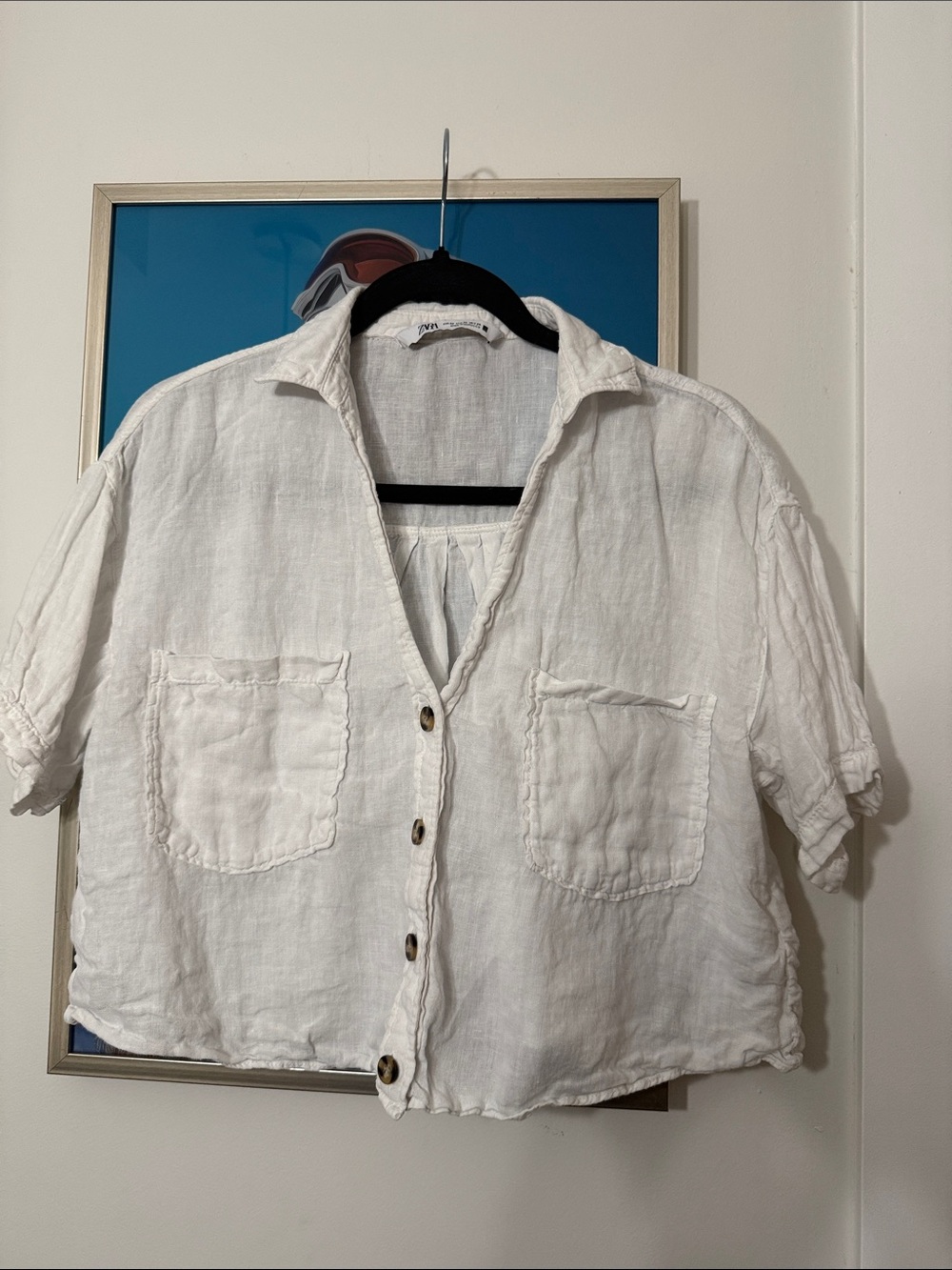 Zara White Linen Button-Front Pocket Shirt